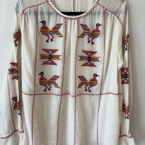 Boho Embroidered Bird Blouse Women Medium Cream Folk Peasant Top Long Sleeve